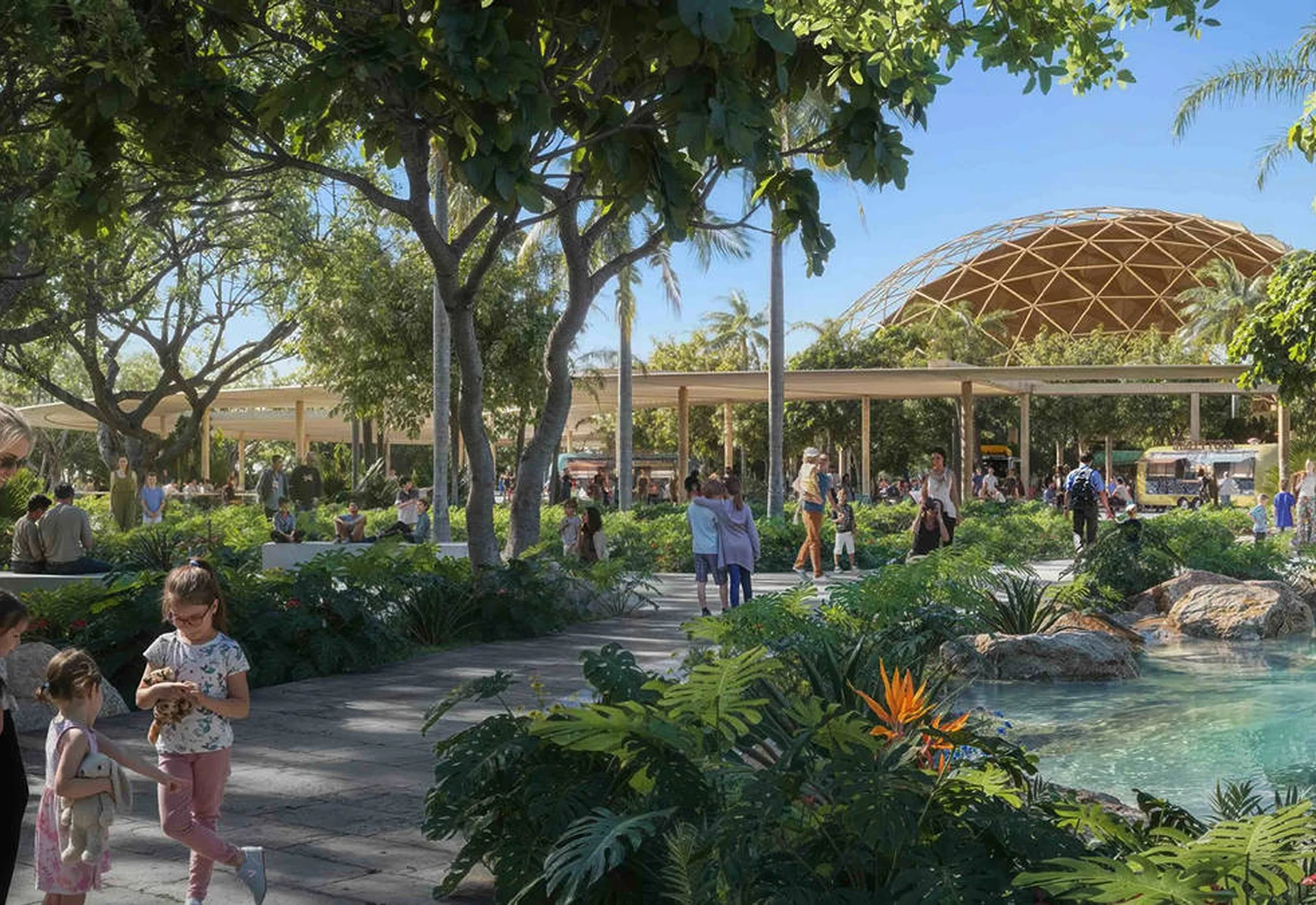 Rendering: a shaded public plaza and planted tidal pool, with the restored geodesic dome beyond.