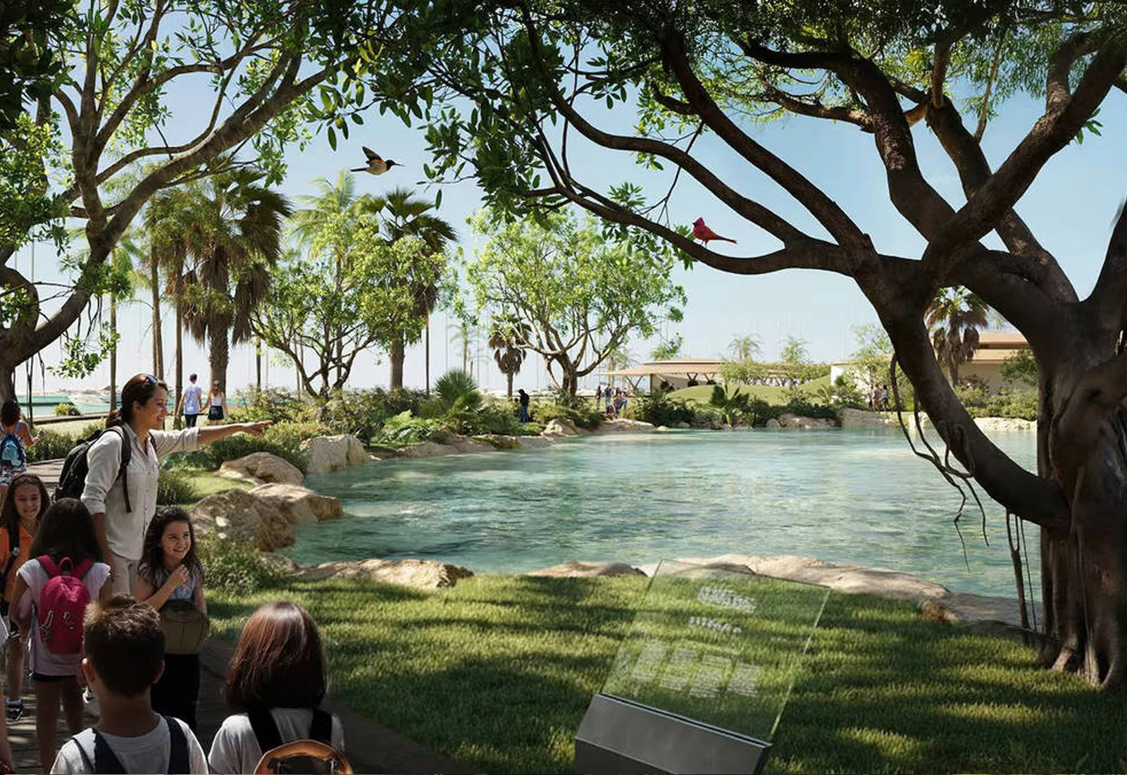 Rendering: visitors at an interpretive sign beside a restored tidal lagoon and native shoreline planting.