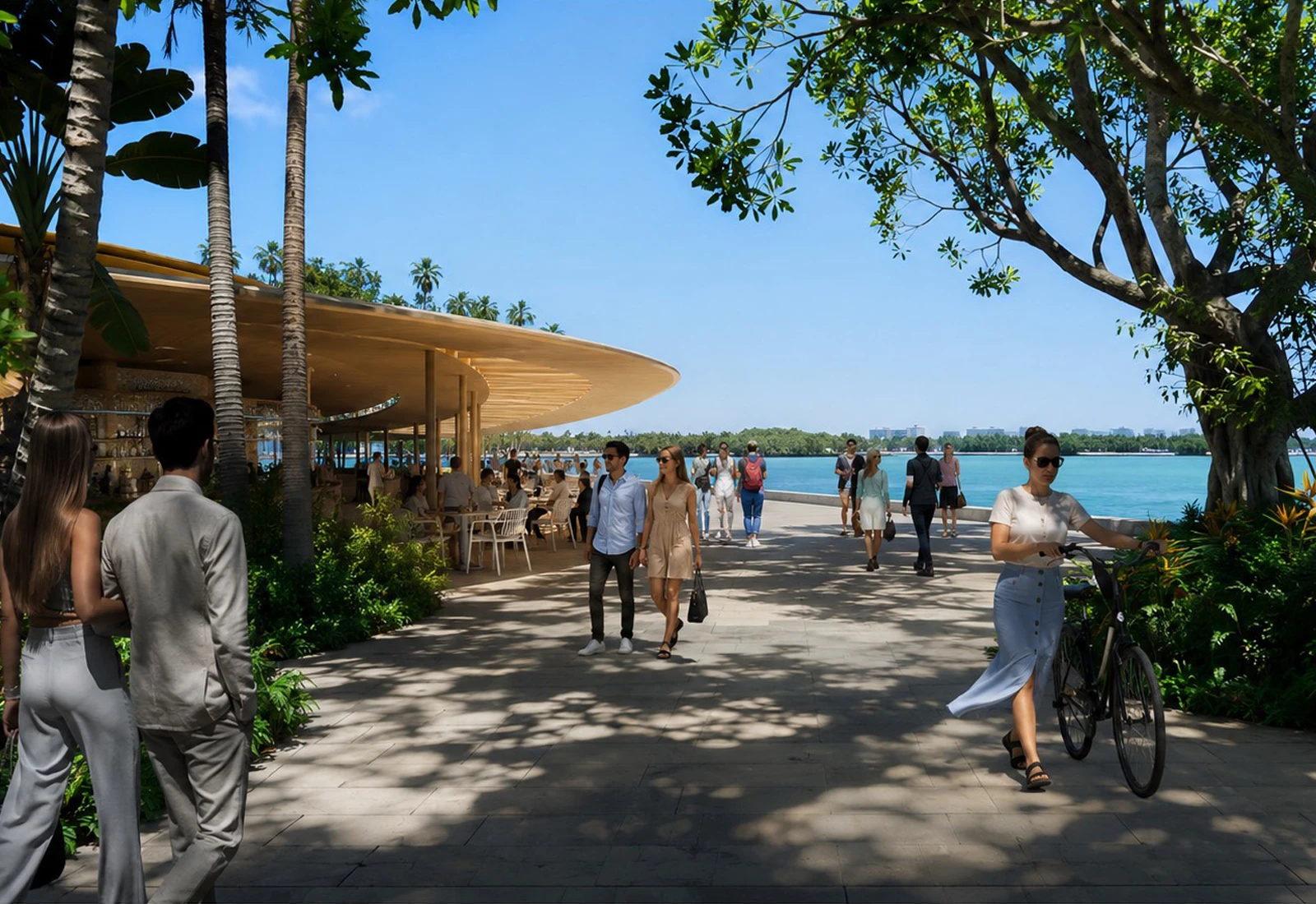 Rendering: people walking and cycling along the public baywalk beside the marina, with the Miami skyline across the bay.