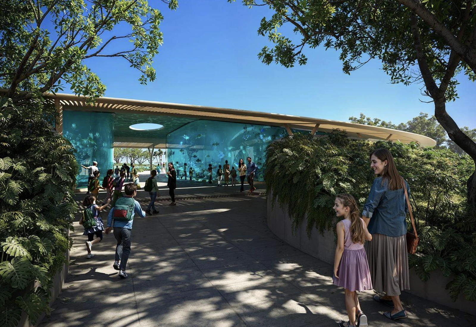 Rendering: families arriving at the marine science and education center entrance.